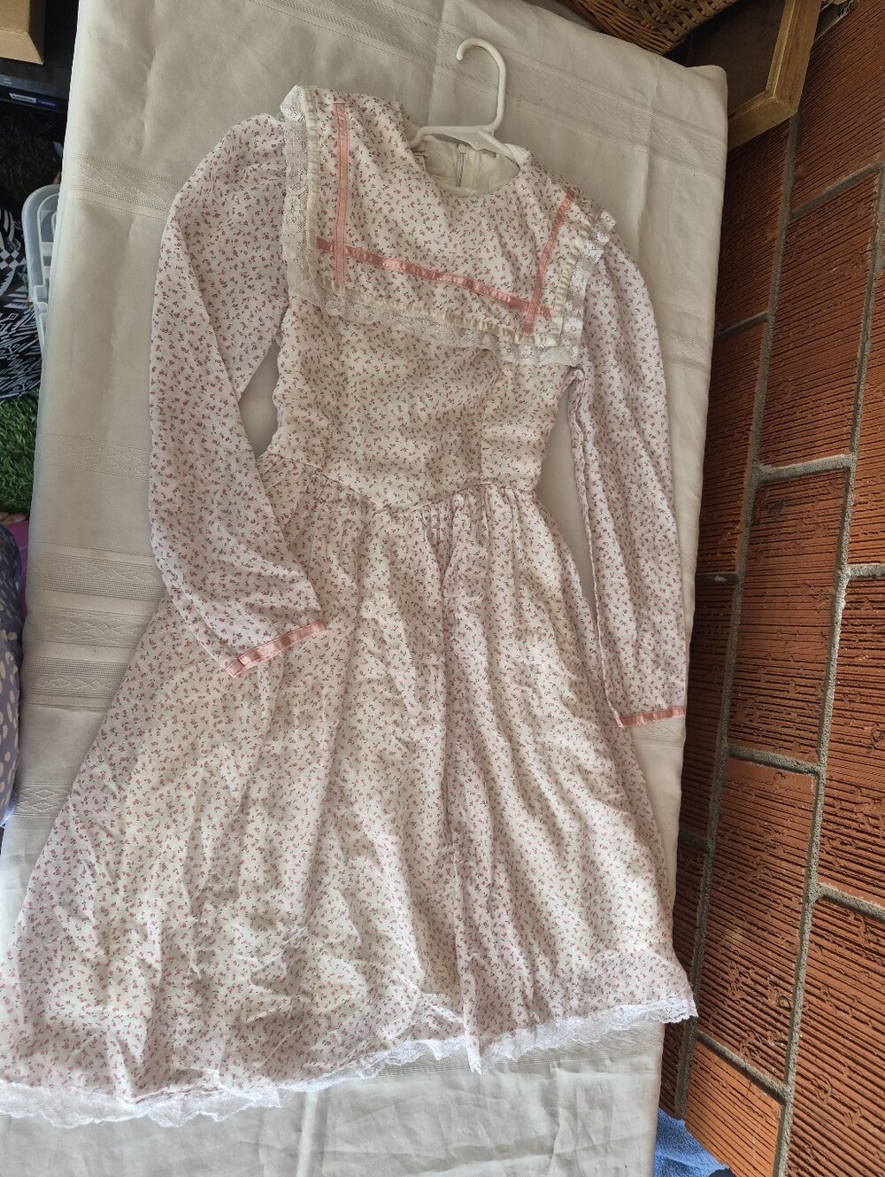 Vintage Gunne sak Girls' Pink Floral Long-Sleeve Dress with Lace Trim